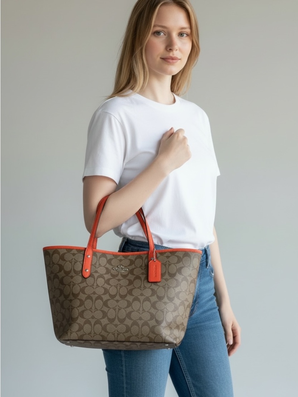 Coach Signature Canvas Tote with Orange Trim - Picture 2 of 5